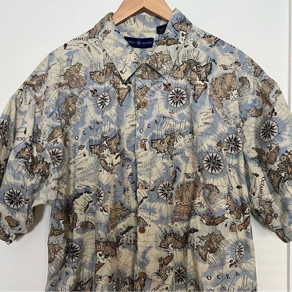 World Island Shirt Mens XL Blue Hawaiian Aloha Chart of Oceanus Design Cotton - Picture 2 of 13